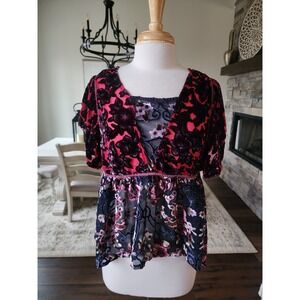 POL Boutique Womens Floral Burnout Velvet Babydoll Top Boho GothicLarge